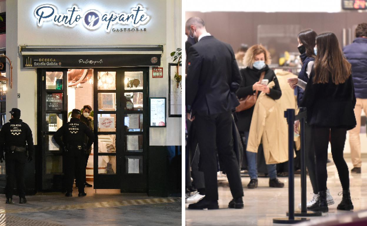 Dos agentes de la Policía Local comprueban el cierre de un bar a las 18 horas en el centro de Murcia. Muchos comercios estaban repletos de clientes realizando las compras de Reyes. 