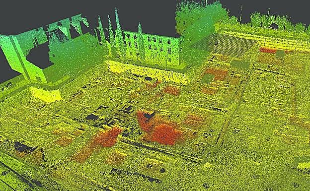 Vista Este de la nube de puntos por elevaciones de la modelización en 3D del conjunto arqueológico.