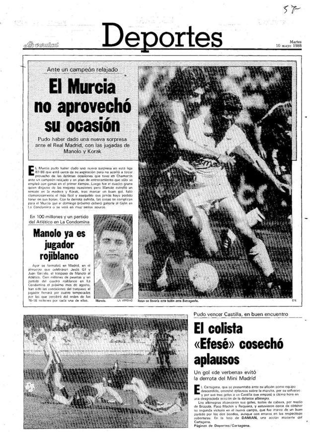 10/05/1988 El Atlético pagó cien millones de pesetas por Manolo. Con este traspaso se batió el récord establecido la temporada anterior, cuando el Madrid pagó al Murcia 80 millones por Tendillo.