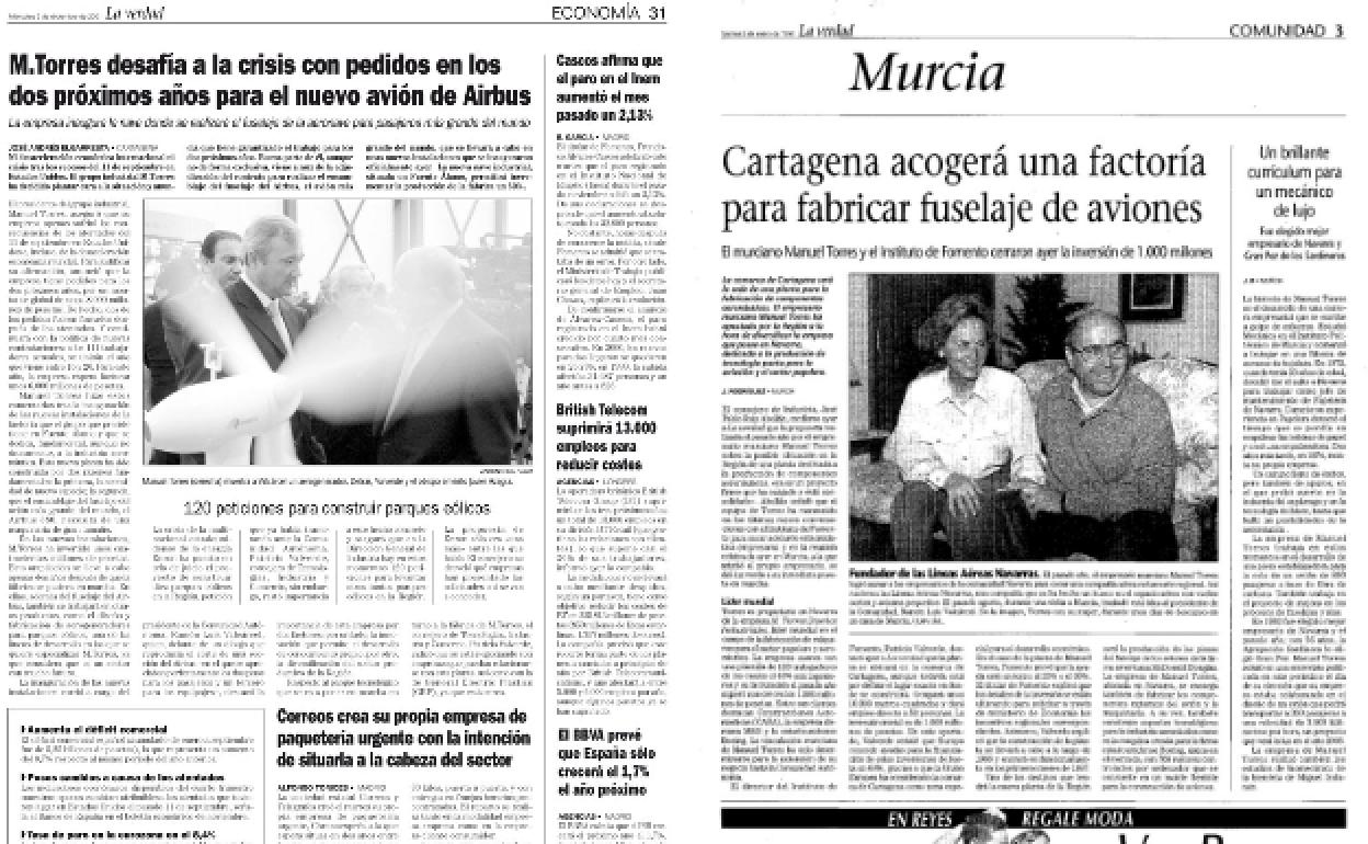 5/1/1996 LA VERDAD informó del proyecto de MTorres para invertir más de 1.000 millones de pesetas en una fábrica de componentes para aviones en la Región.
