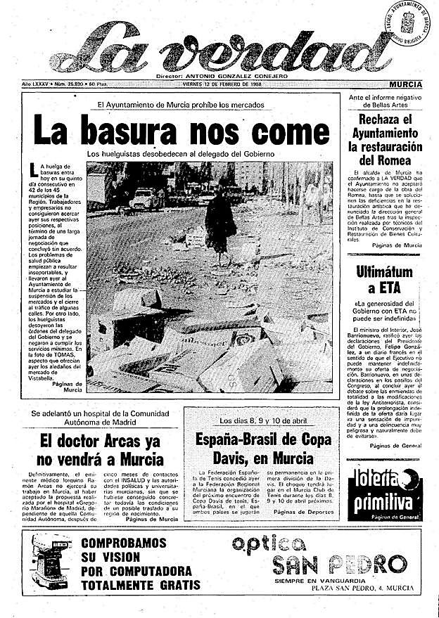 17/2/1988. De madrugada se reanudó la recogida de basura tras acordarse un nuevo convenio colectivo para el sector de dos años, con una subida salarial del 6,5%.