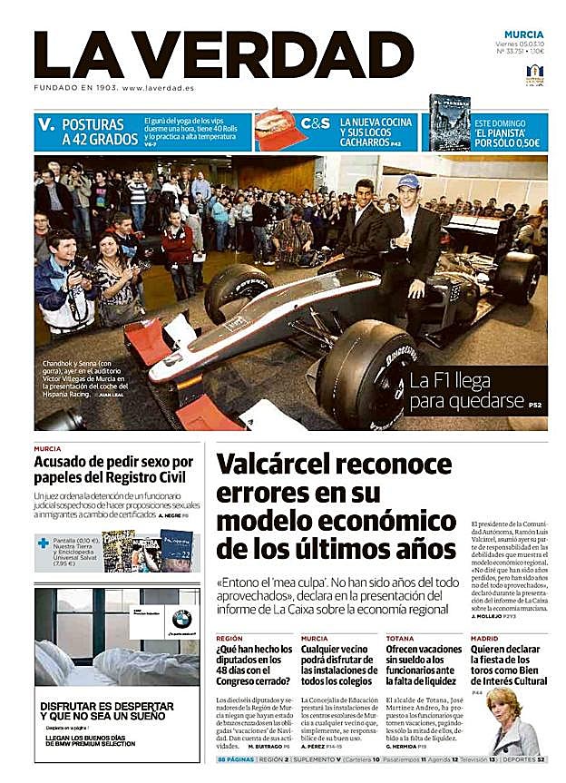05/03/2010 El auditorio Víctor Villegas fue el escenario de la la presentación del coche del Hispania Racing, primera escudería española de Fórmula 1, que arrancó con los pilotos Chandhok y Bruno Senna.