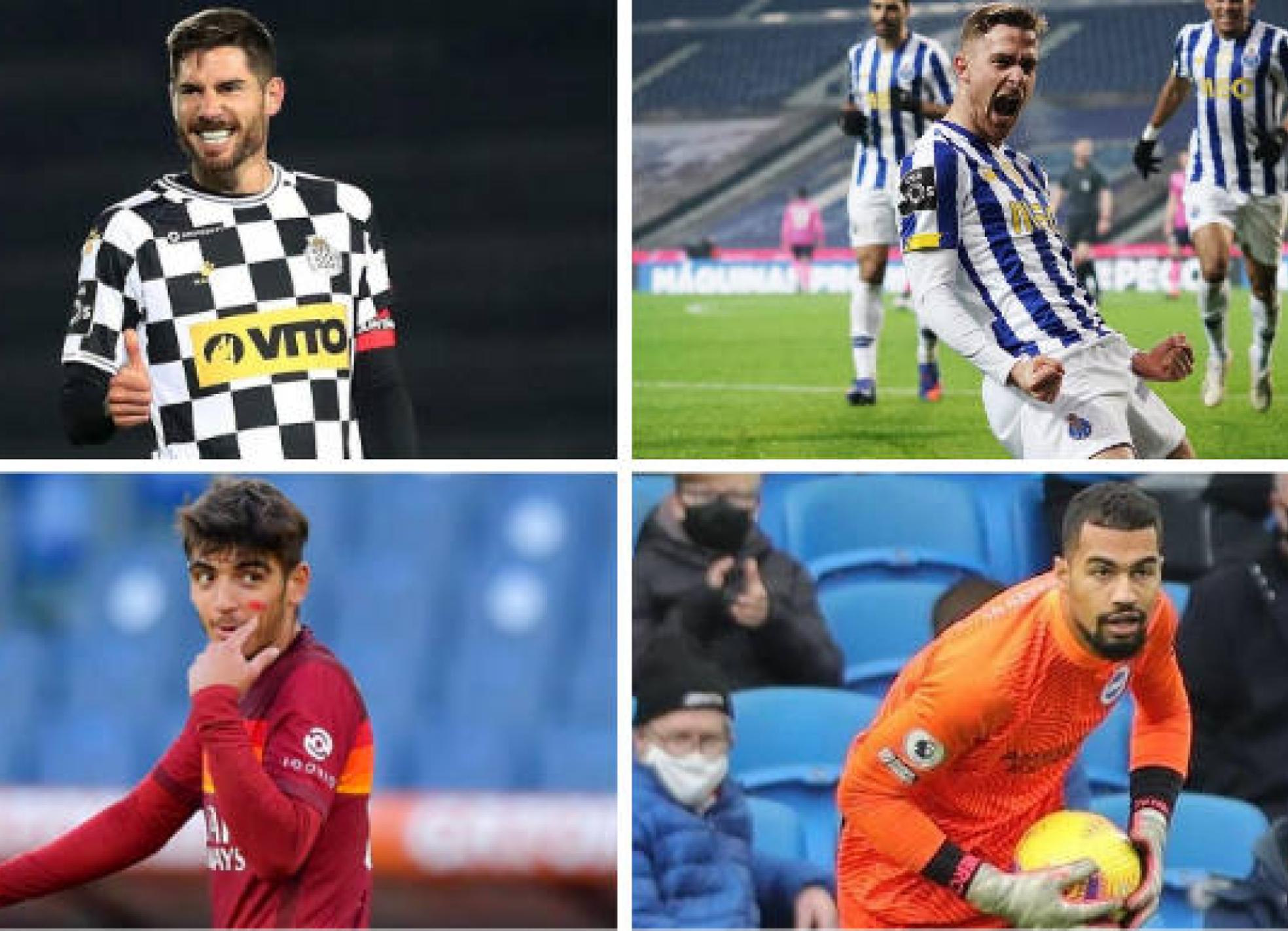 Arriba: Javi García, centrocampista del Boavista, y Toni Martínez, delantero del Oporto. Abajo: Gonzalo Villar, mediocentro de la Roma, y Robert Sánchez, portero del Brighton.