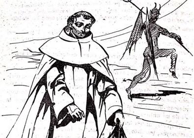 Imagen secundaria 1 - 1- Dibujo datado en 1959 y que representa el episodio del padre Blas en el Cabezo Negro. 2. Díaz Cassou recuperó la leyenda y la publicó en un diario murciano en 1888.