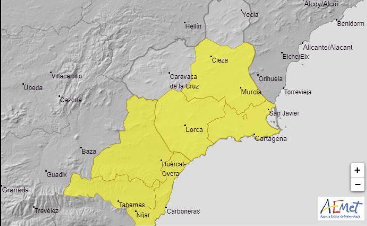 Mapa con las zonas en alerta amarilla por lluvias este lunes y martes.