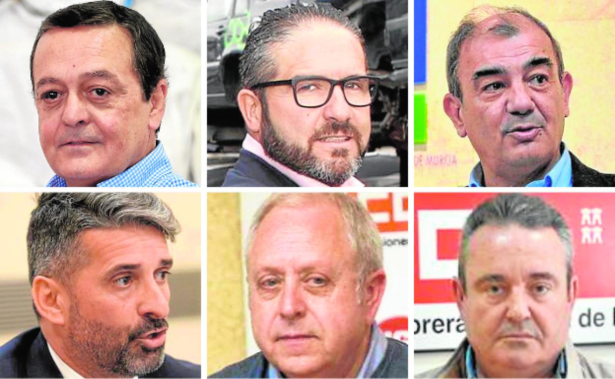 Arriba, José María Albarracín (Croem), Miguel López Abad (Cámara de Comercio) y José Antonio Pedreño (Ucomur); abajo, Jesús Jiménez (Hostemur), Antonio Jiménez (UGT) y Santiago Navarro (CC OO).