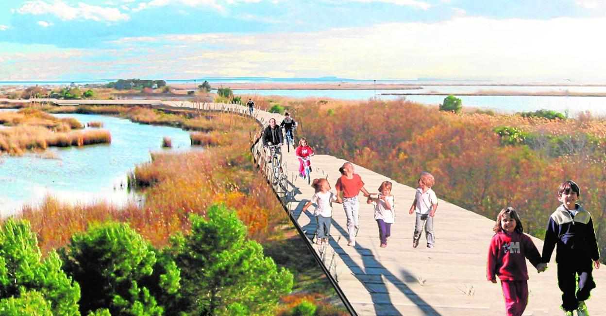 Recreación del parque lineal de las Salinas de San Pedro del Pinatar, que incluye un observatorio de aves y una cafetería. 