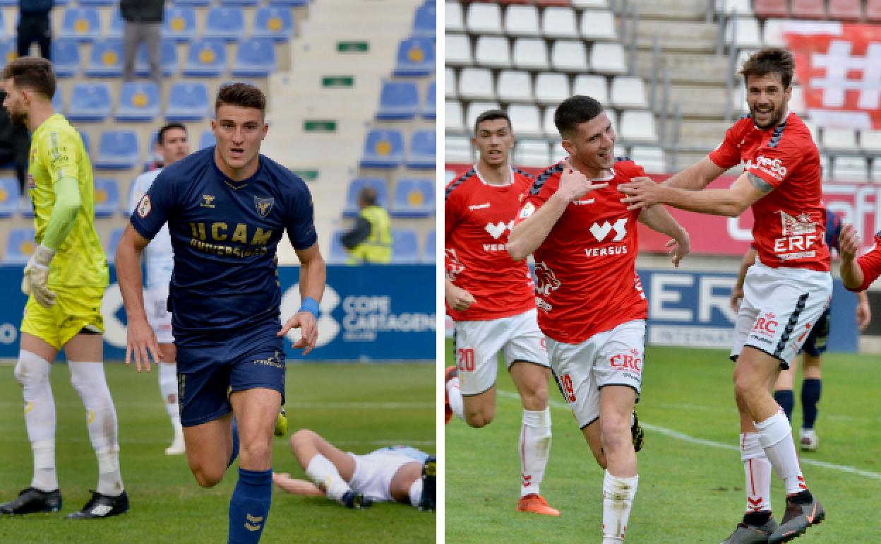 Jordi Sánchez (izquierda), y Toril (derecha) celebran sendos goles con el UCAM CF y el Real Murcia respectivamente.