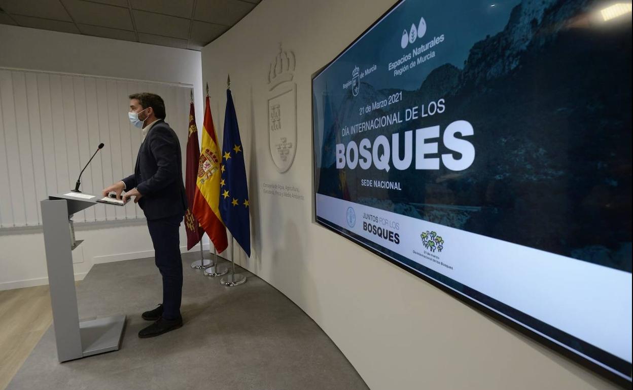 El consejero de Agua, Agricultura, Ganadería, Pesca y Medio Ambiente, Antonio Luengo, durante la presentación del vídeo promocional del Día Internacional de los Bosques 2021.