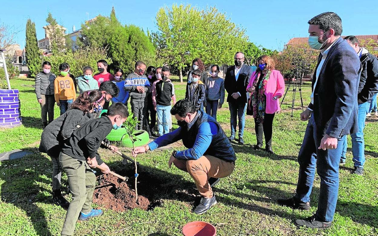 Alumnos del Severo Ochoa de San Javier, ayer, plantan un árbol en el huerto escolar. 