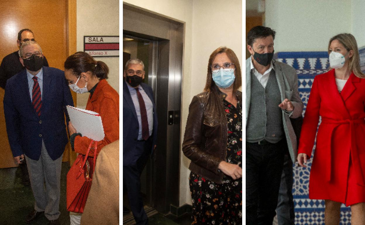 Castillo y Miguélez entran a la reunión, en la Asamblea. Álvarez y Franco, saliendo de un ascensor en el Parlamento. Molina y Vidal, escoltados por el exconsejero Gabriel Sánchez. 