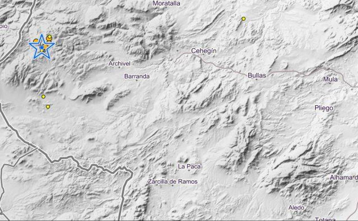 Mapa con los terremotos detectados por el IGN en la zona de Moratalla.