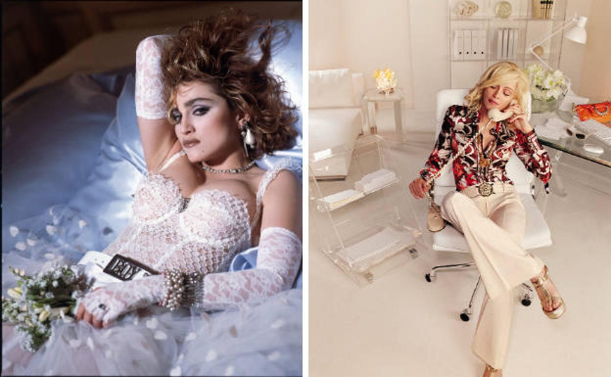 Dos fotografías de la reina del pop. A la derecha, con el 'look' 'Like a Virgin' y en la campaña de Versace. 