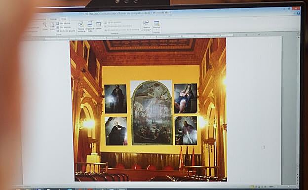 Recreación realizada por Pérez sobre la posible disposición de los cuadros en el actual salón de actos del IES Licenciado Francisco Cascales, donde anteriormente se ubicó la capilla del Colegio de Teólogos. 