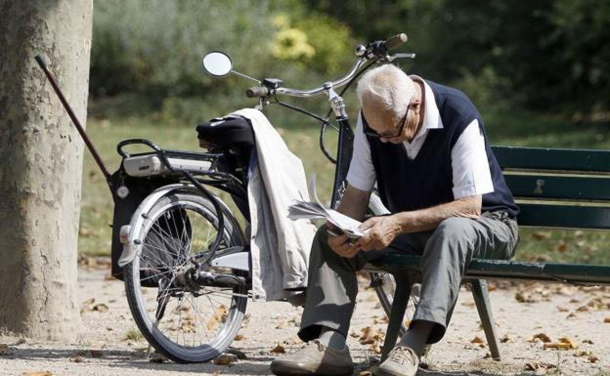 Un jubilado lee el periódico en un parque. 