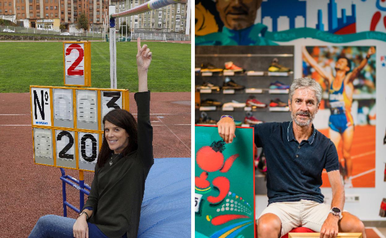 Ruth Beitia, a la izquierda, señala los 2,02 metros que suponen su récord nacional de salto de altura. A la derecha, Martín Fiz con su medalla de oro en el Mundial de 1995. 