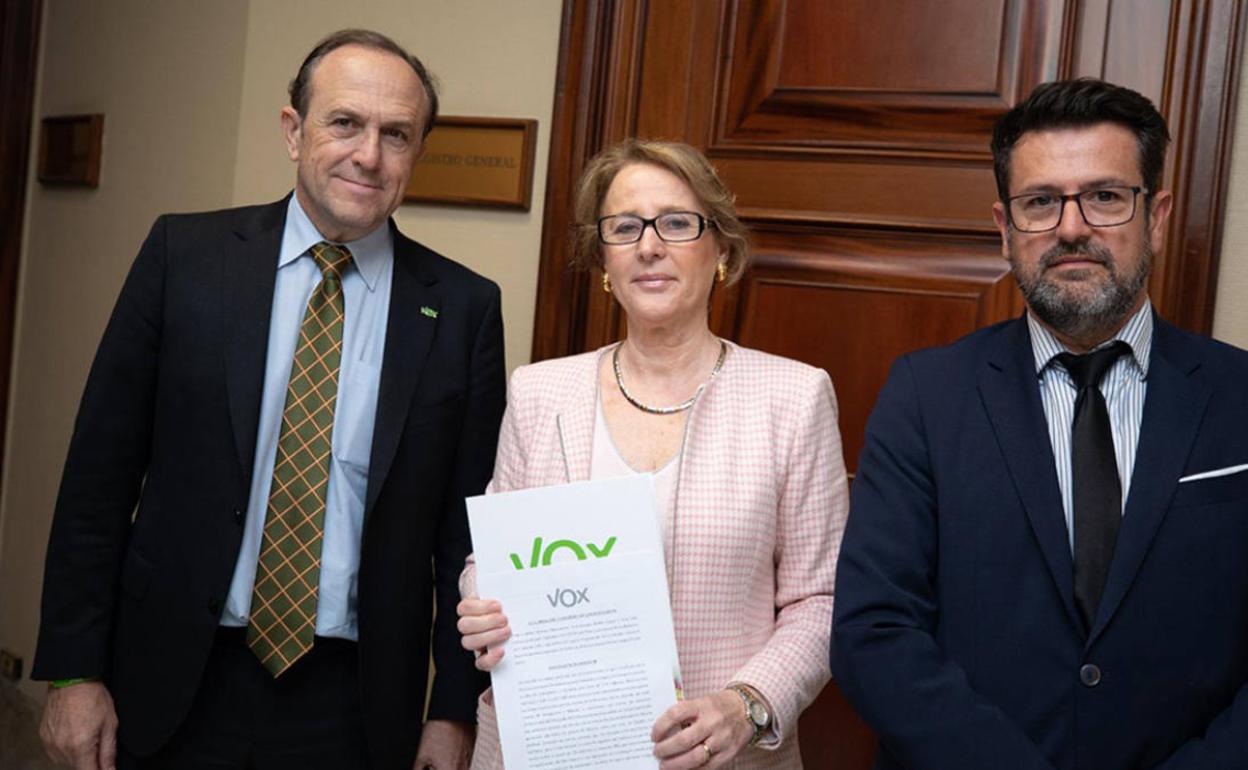 Los diputados de Vox Murcia Lourdes Méndez, Joaquín Robles y Luis Gestoso. 