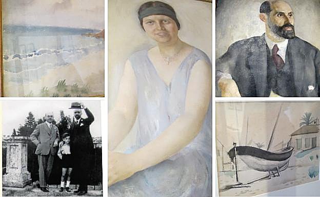 La obra 'La playa', de Luis Garay; una fotografía de Juan Guerrero Ruiz y su hijo Arturo con el escritor; los retratos de Zenobia y Juan Ramón de Juan Bonafé, y la acuarela 'La barca varada' de Ramón Gaya, todas ellas ubicadas en el dormitorio de Zenobia y Juan Ramón Jiménez, en la casa museo de Moguer.