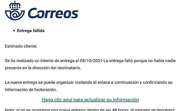 Captura del correo electrónico falso que está llegando a los usuarios.
