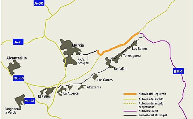 Mapa del recorrido de la nueva autovía del Reguerón de Murcia. 