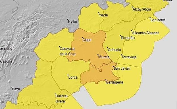 Mapa de avisos por lluvias y tormentas para este lunes por la noche.