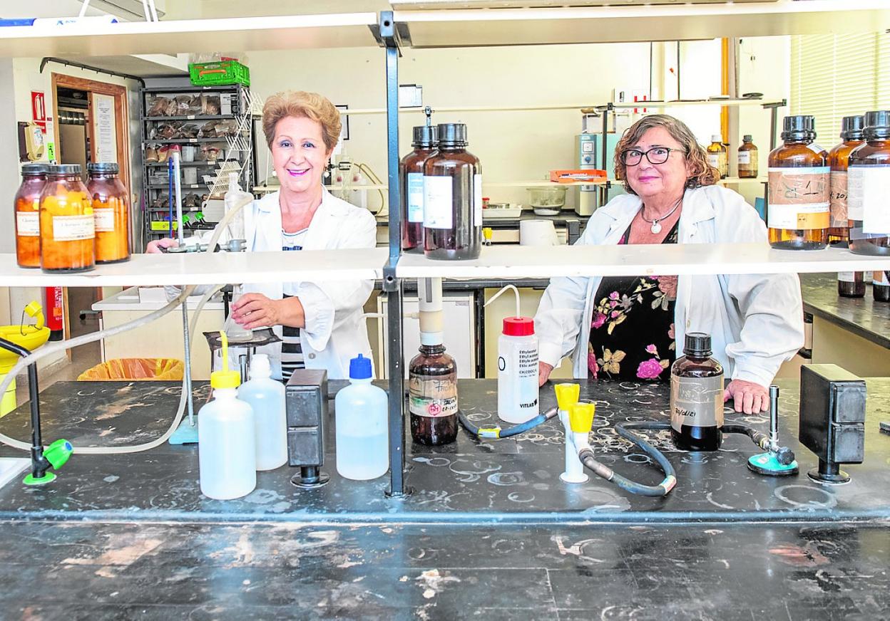 María José Martínez y Carmen Pérez, en la Facultad de Químicas de la Universidad de Murcia. 
