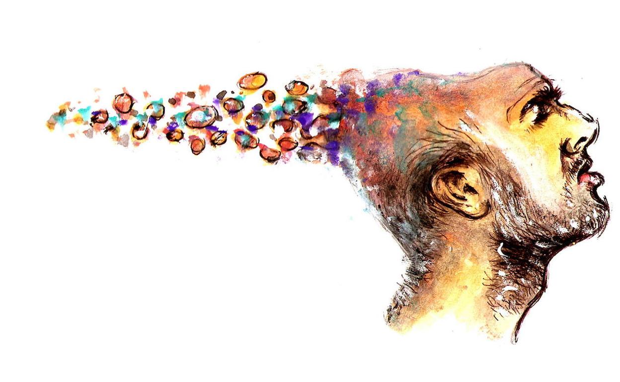 Ilustración en la que salen ideas de la cabeza de un hombre.