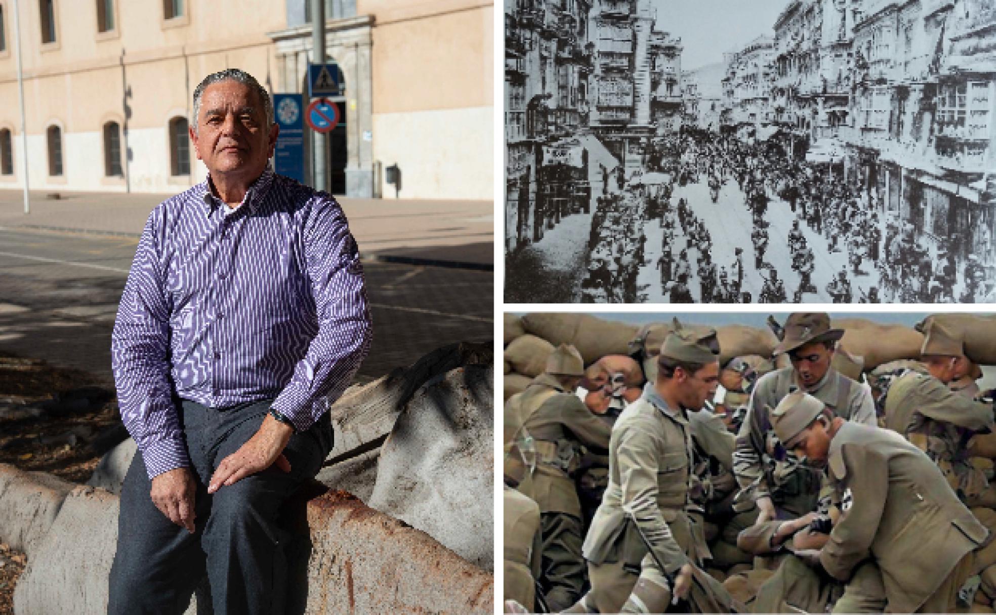 Diego Victoria Moreno, ayer ante el antiguo Hospital de Marina de Cartagena. | Funeral. El Regimiento Sevilla 33, en Cartagena hacia 1921, en el entierro de una víctima del Rif. | Portada del libro. Evacuación de un herido en Annual. Foto coloreada por Luis Miguel Pérez Adán