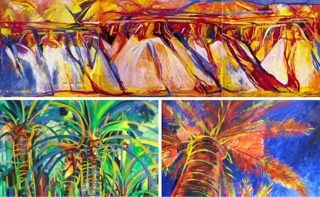 Tríptico de las ramblas de Mazarrón pintado por Francisca Muñoz y Manuel Herrera. Una de las obras de la exposición de Mazarrón. Otro de los trabajos, en el que también aparecen palmeras. 