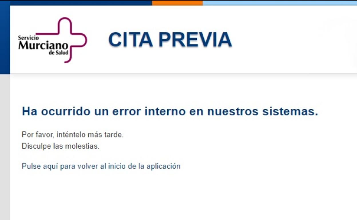 Mensaje de error en el portal web de MurciaSalud. 