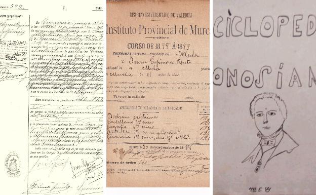 Acta de nacimiento de Miguel Espinosa en 1926 en Caravaca de la Cruz.| Calificaciones del padre de Miguel, Juan Espinosa Dato, del curso 1898-1899. |Portada de un trabajo escolar de Miguel Espinosa. 