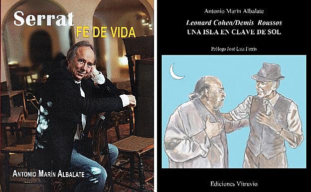 Portadas de los libros 'Serrat. Fe de vida' y 'Leonard Cohen/Demis Roussos. Una isla en clave de sol' (Ediciones Vitruvio). 