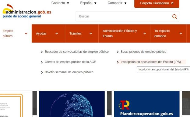 Captura de la página web de Inscripciones en Pruebas Selectivas.