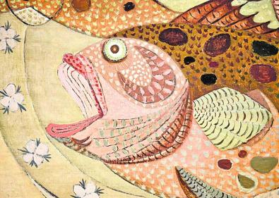 Imagen secundaria 1 - Arriba, 'Puente de los Peligros' (1957/1958), de la Colección BBVA; a la izquierda, detalle de 'Meros del Mar Menor' (ha. 1970/1975); y, a la derecha, 'San Damián', encáustica sobre tabla, de 1958 y propiedad de la Cámara de Comercio de Murcia. 