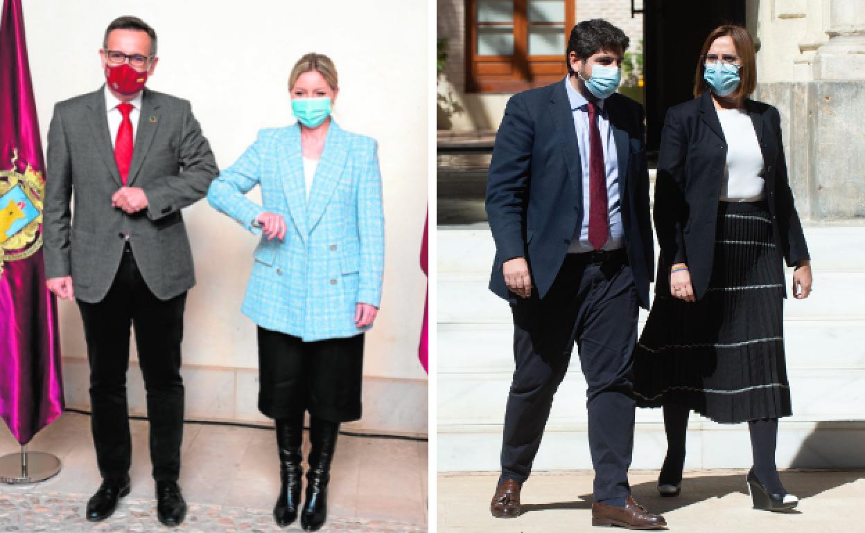 Tres horas transcurrieron el 12 de marzo de 2021 entre la presentación del Pacto de Lorca entre Diego Conesa y Ana Martínez Vidal, a la izquierda, y el anuncio del Pacto de San Esteban entre Fernando López Miras e Isabel Franco, a la derecha.