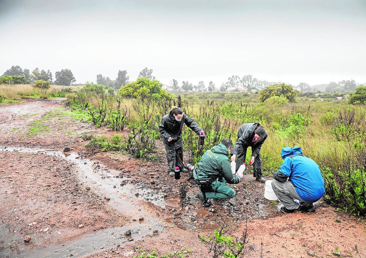 Técnicos de la Confederación y agentes de la Guardia Civil recogen aguas junto a la parcela. 