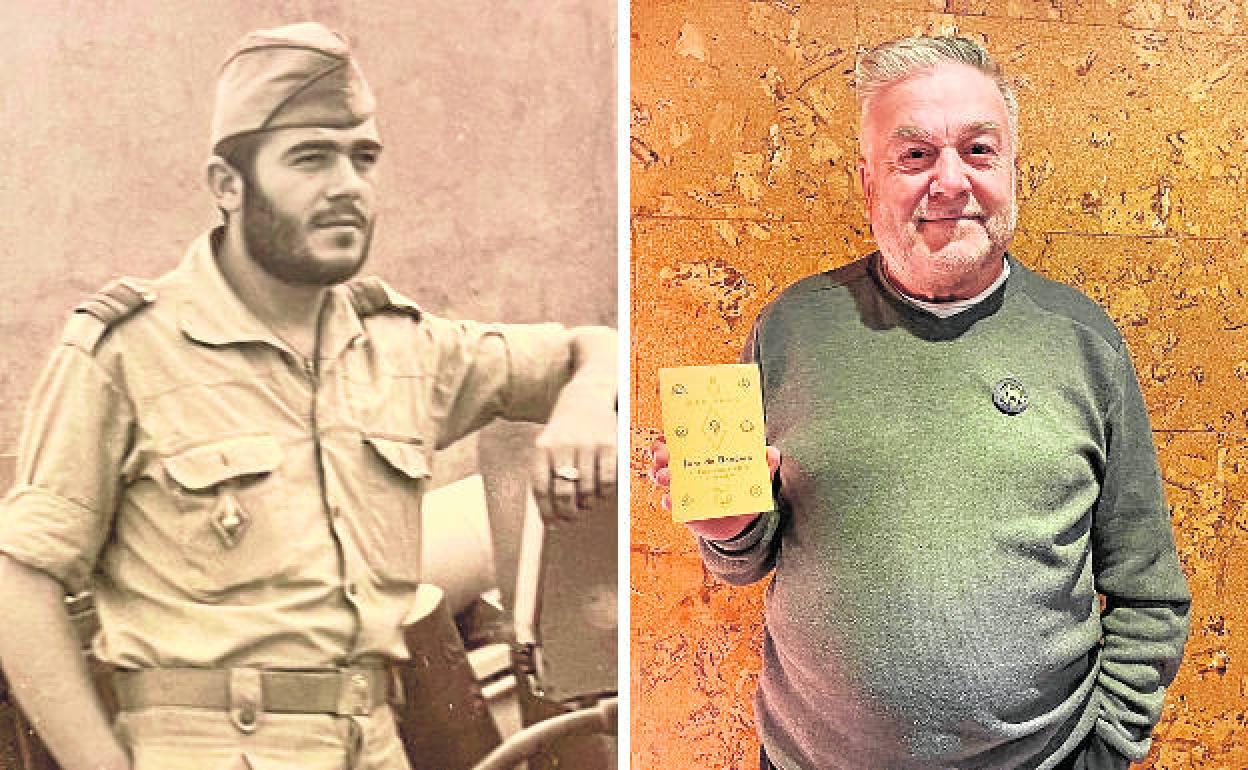 Miguel Alcaraz, de militar en 1975. A la derecha, en 2022, muestra su diploma.
