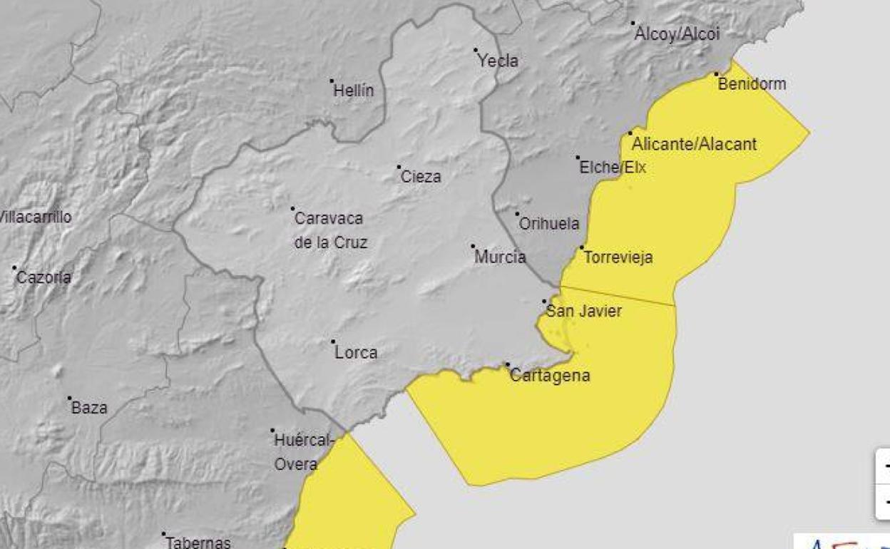 Mapa del aviso amarillo por vientos. 