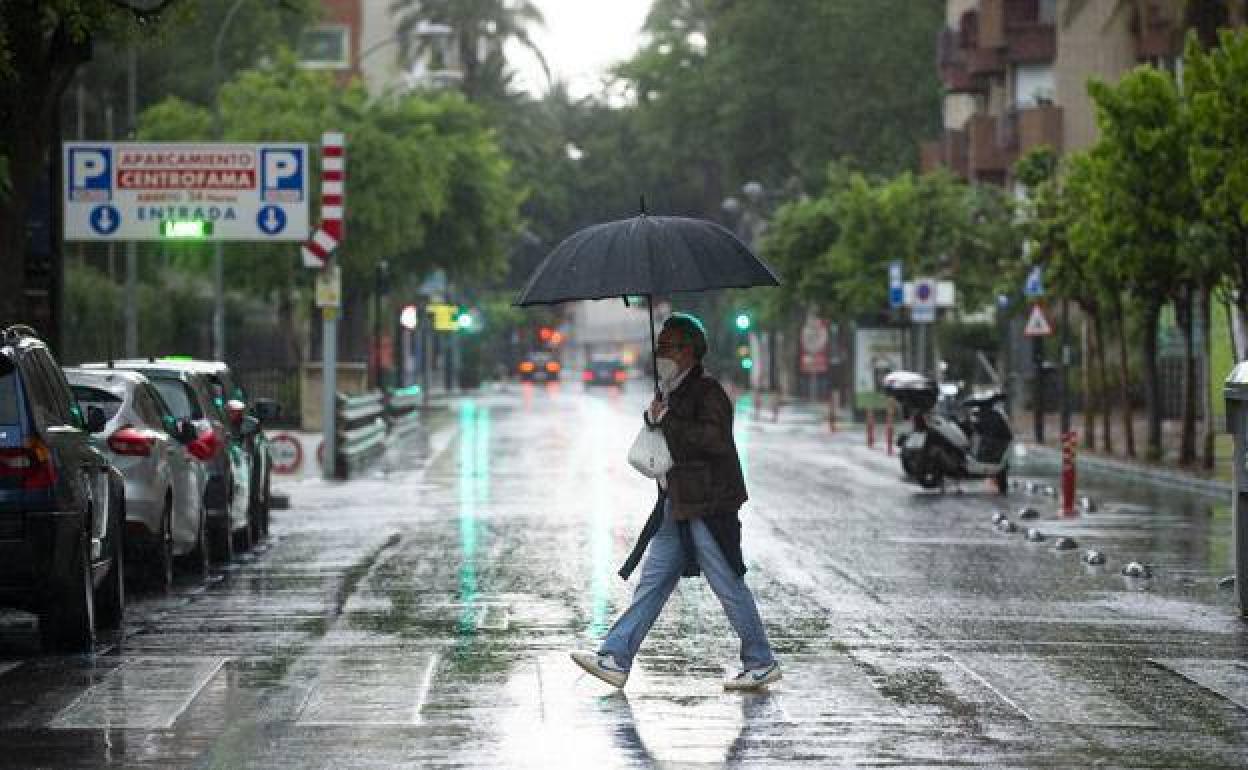 Un viandante se protege de la lluvia con un paraguas en el centro de Murcia, en una fotografía de archivo.