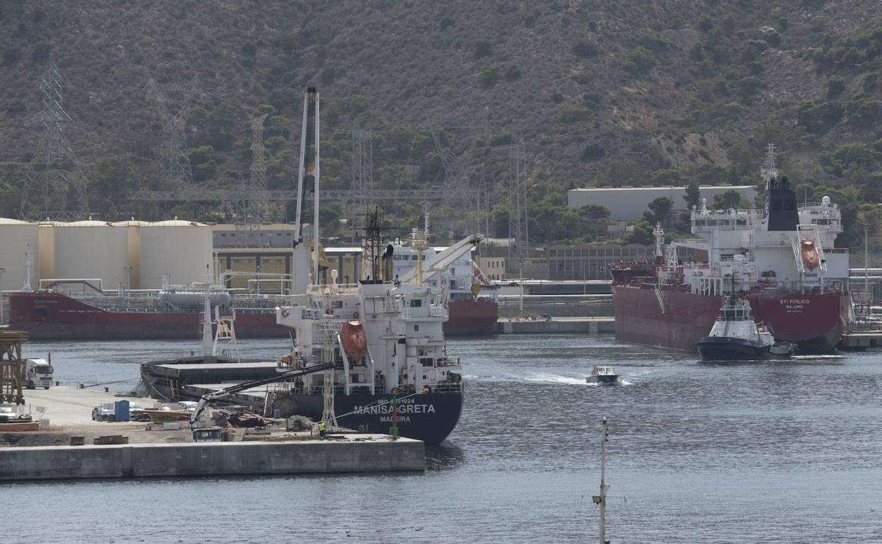 Varios barcos atracados en el puerto de Escombreras listos para descargar mercancías. 