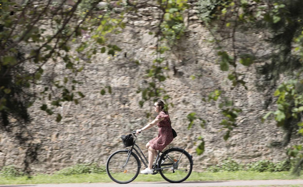 Una ciclista transita por el cauce del río Turia en Valencia, una de las capitales volcadas con la Misión Climática. 