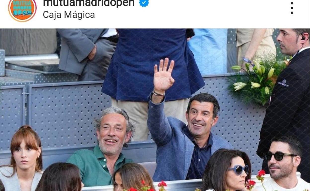 Aitana, Luís Figo (arriba), Macarena García y Miguel Ángel Silvestre durante el partido de Carlos Alcaraz contra Zverev en el Mutua Madrid Open, este domingo.