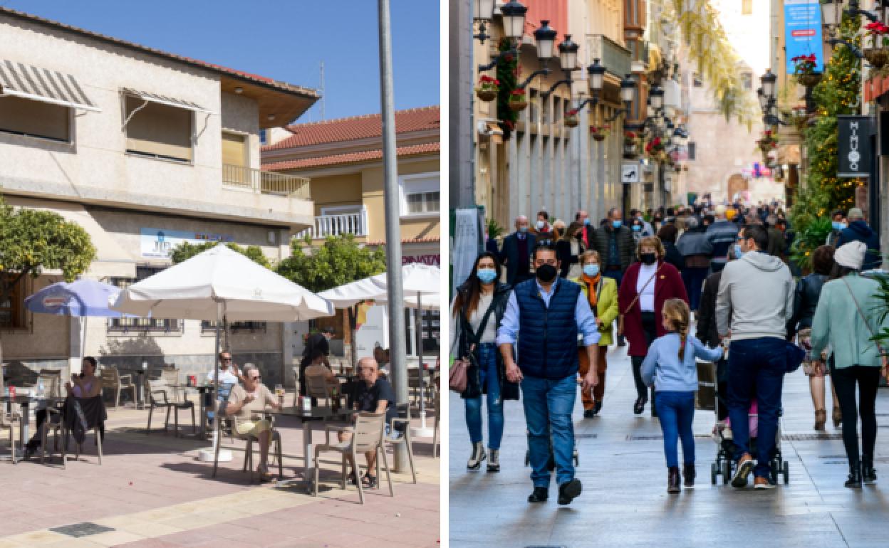 A la izquierda, una plaza de la pedanía de Corvera; a la derecha, viandantes por la calle Trapería de Murcia. 