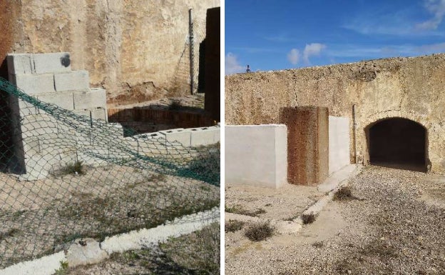 ANTES Y DESPUÉS. Valla rota y muro defectuoso en la Mina Nuestra Señora de los Ángeles. Pared levantada por orden de Minas en Nuestra Señora de los Ángeles.