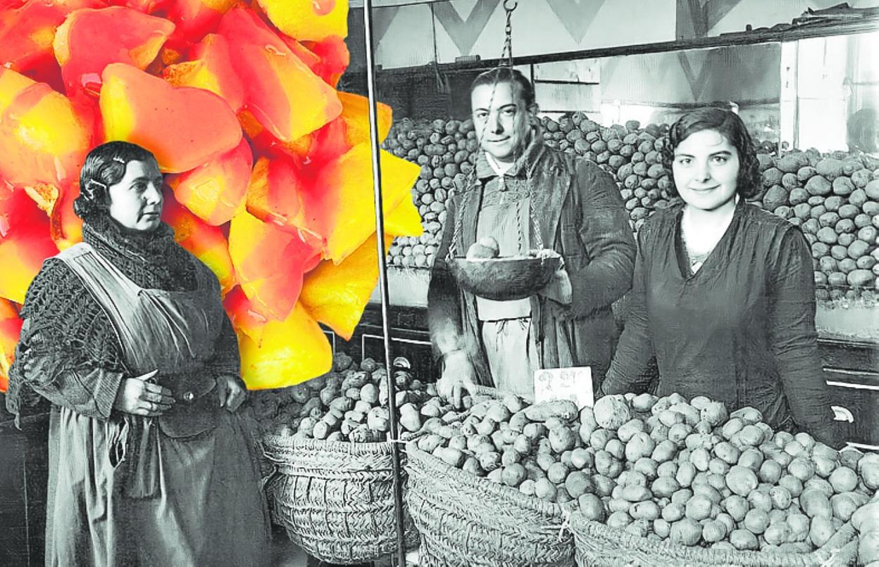 Composición de bravas y un puesto de patatas en el madrileño Mercado de la Cebada, en los años 30. 