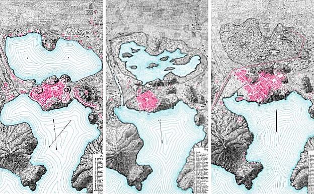 Aspecto de Cartagena en el siglo III a. C., según la planteó Manuel Fernández-Villamarzo, 1907. | La ciudad a finales del siglo XVI, de acuerdo con Manuel Fernández-Villamarzo. | Fernández-Villamarzo plasmó así el aspecto en el siglo XVIII de la ciudad de Cartagena y su bahía.