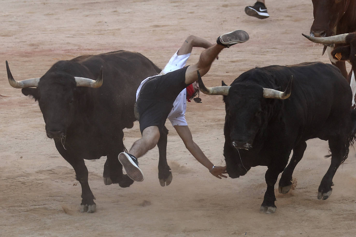 Uno de los mozos cae ante los toros de la ganadería Victoriano del Río.