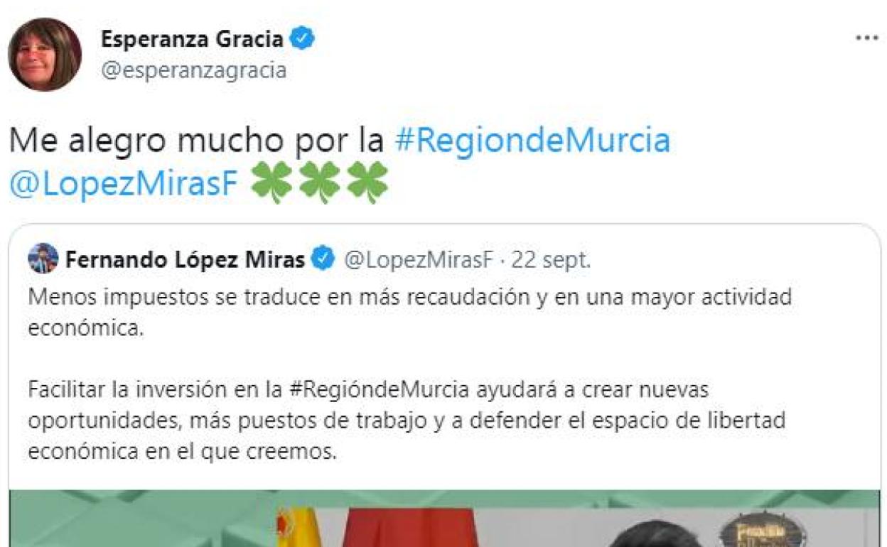Respuesta en Twitter de Esperanza Gracia.
