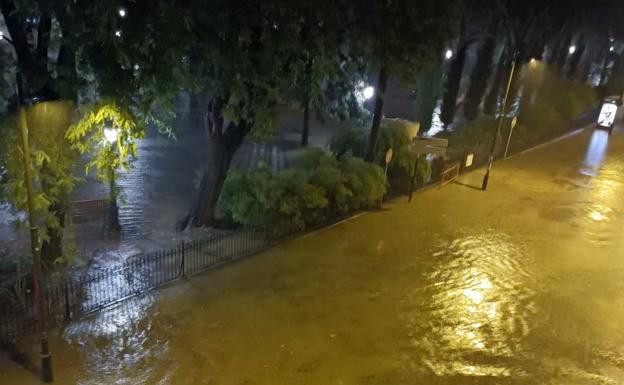 Alrededores del jadín de Floridablanca, inundados en la madrugada de este lunes. 