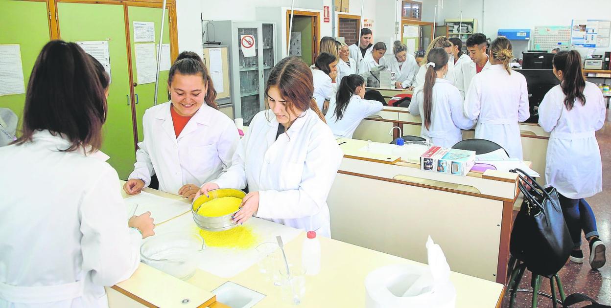 Alumnos de un grado de Formación Profesional de Farmacia, en el instituto Ramón y Cajal de Murcia, realizan unas prácticas. 